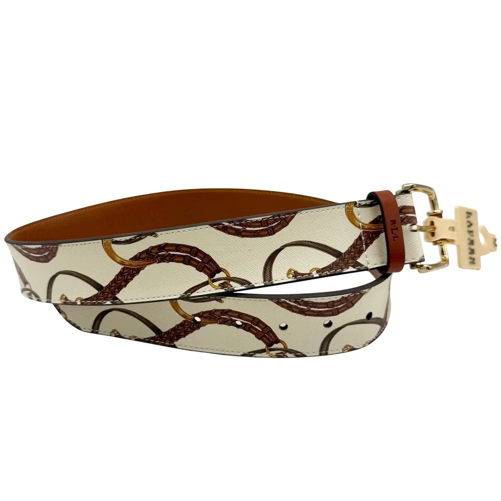 Lauren Ralph Lauren Belt Womens Medium Cream Equestrian Horsebit Print Gold